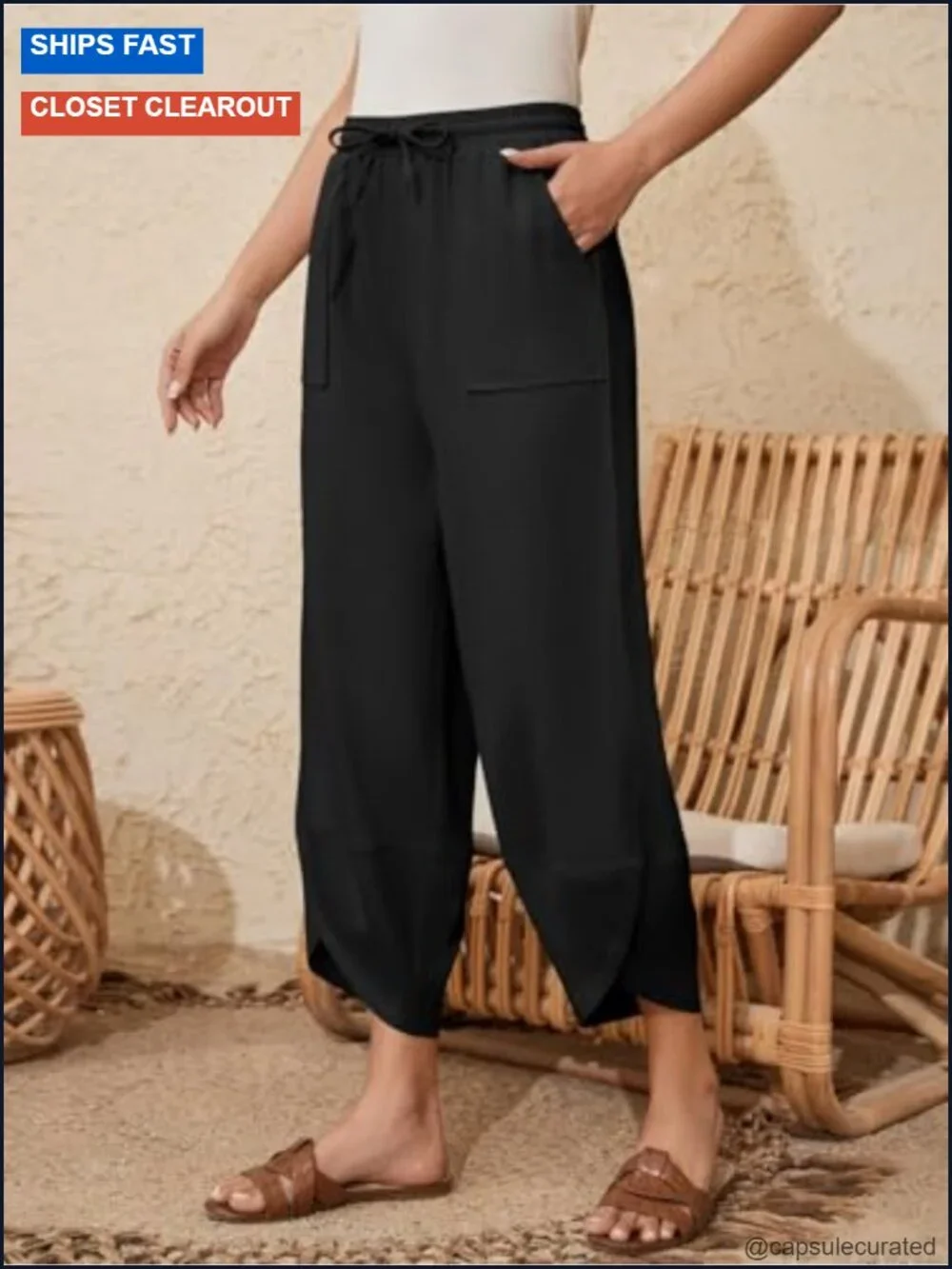 Linen Wide Leg Harem Palazzo Pants Drawstring Elastic Waist with Pockets